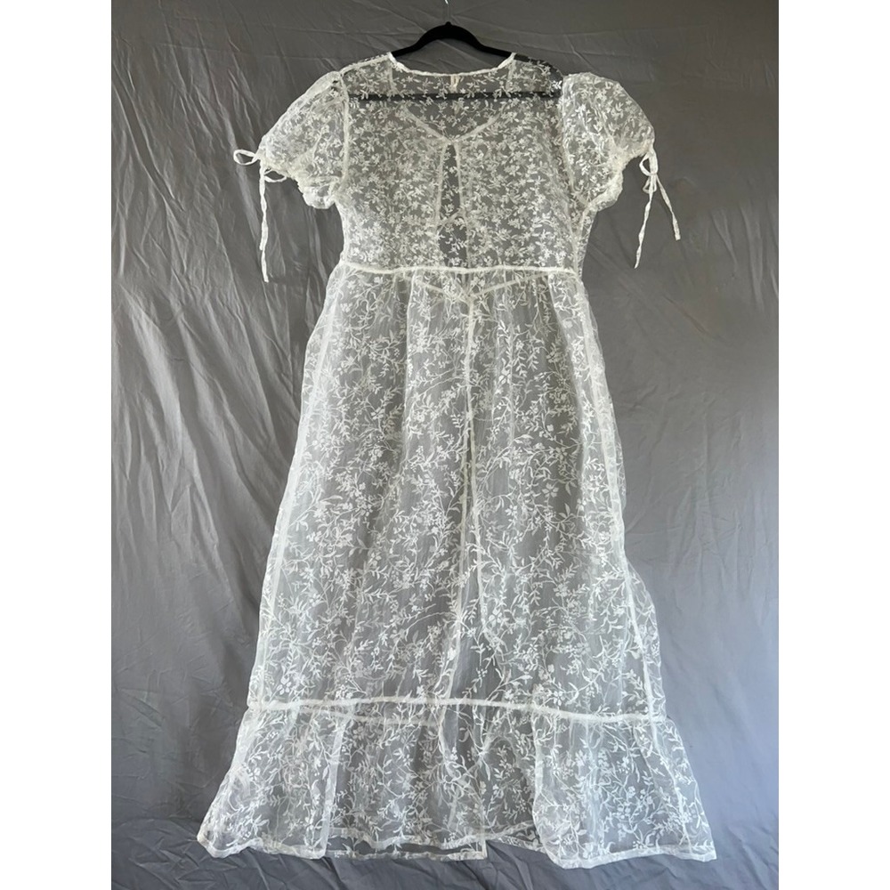 Anthropologie Sheer Floral Lace Maxi Duster Dress White Tie Front Puff Sleeve L - Picture 6 of 7